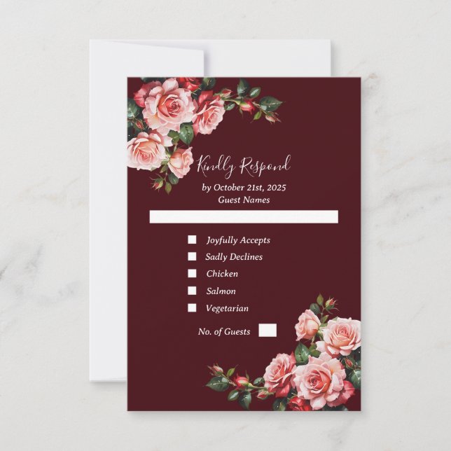 Dunkelmoody-Rosa- und rote Rosen-Maronehe RSVP Karte (Vorderseite)