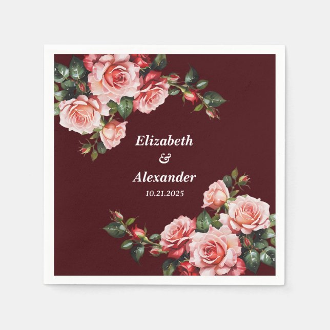 Dunkelmoody-Rosa- und rote Rosen-Maronehe Serviette (Vorderseite)