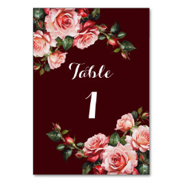 Dunkelmoody-Rosa- und rote Rosen-Maronehe Tischnummer