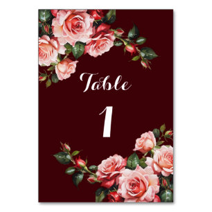 Dunkelmoody-Rosa- und rote Rosen-Maronehe Tischnummer