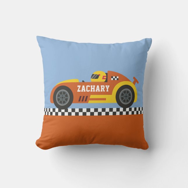 Dunkelorangefarbene und gelbe Race Car Boys Zimmer Kissen (Vorderseite)