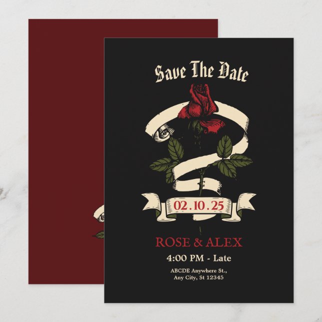 Dunkelromantische Hochzeit der Rose Save The Date (Vorne/Hinten)