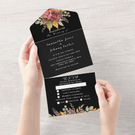 Dunkelromantische Rose Blumenzitzer Hochzeit All In One Einladung
