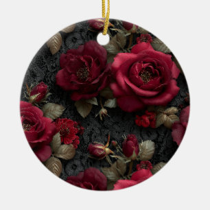 Dunkelromantische Rote Rosen und Buds an der schwa Keramik Ornament