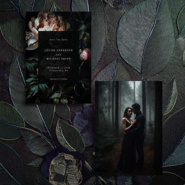 Dunkelromantisches Black Peony Floral Wedding Foto Save The Date (Von Creator hochgeladen)