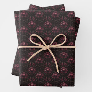Dunkelrosa Blütendampfer auf schwarz Geschenkpapier Set