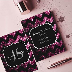 Dunkelrosa Glitter funkelt schwarzes Chevron Monog Visitenkarte