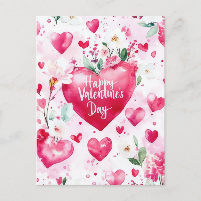 Dunkelrosa Herzen und Blume Valentins Gruß Postkarte (Vorderseite)