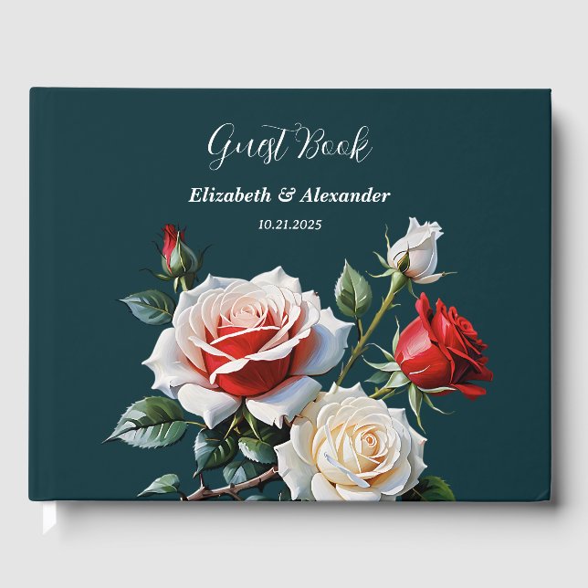 Dunkelrosa Hübsche rote Rosen Blumenhochzeit Gästebuch (Vorderseite)