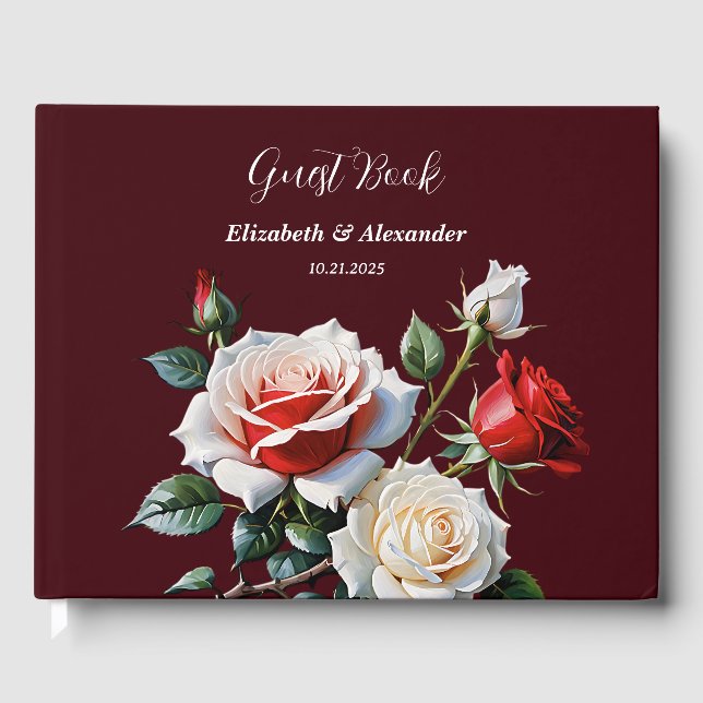 Dunkelrosa Hübsche rote Rosen Blumenhochzeit Gästebuch (Vorderseite)