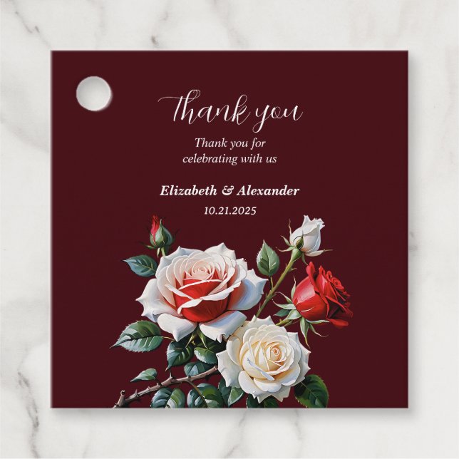 Dunkelrosa Hübsche rote Rosen Blumenhochzeit Geschenkanhänger (Vorderseite)
