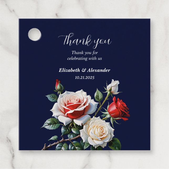 Dunkelrosa Hübsche rote Rosen Blumenhochzeit Geschenkanhänger (Vorderseite)