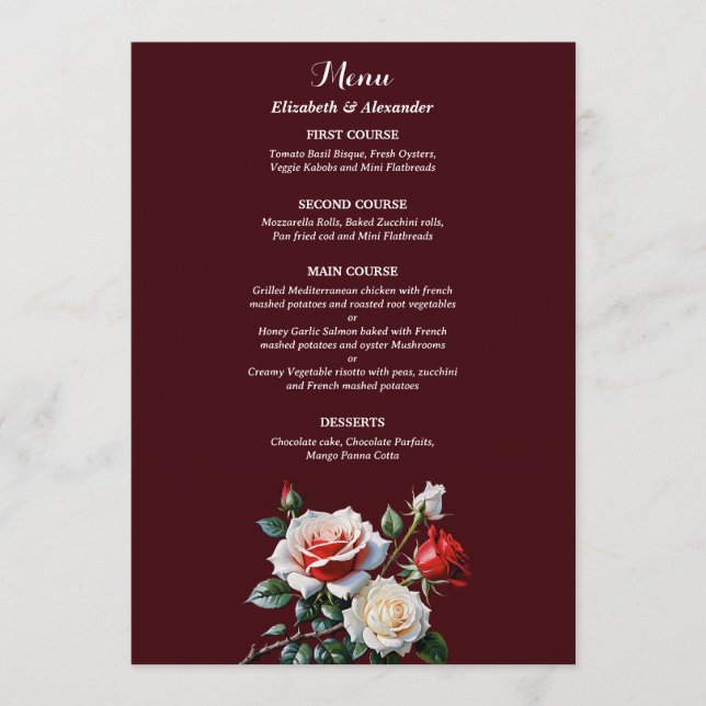 Dunkelrosa Hübsche rote Rosen Blumenhochzeit Menükarte (Vorderseite)