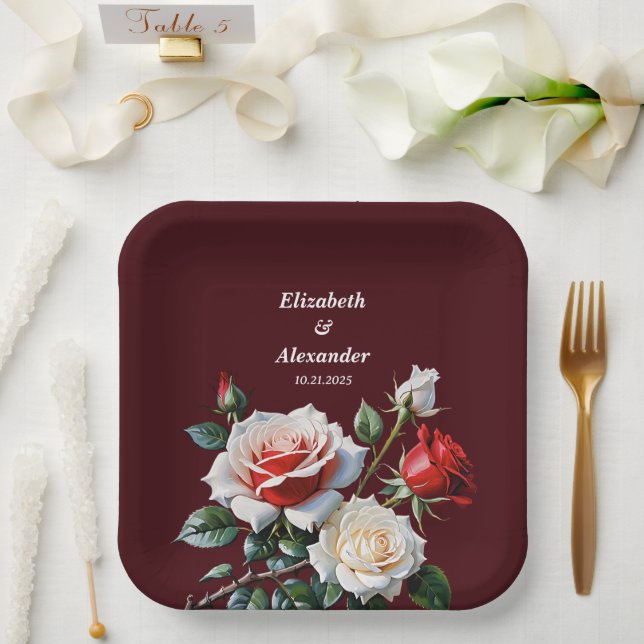Dunkelrosa Hübsche rote Rosen Blumenhochzeit Pappteller (Hochzeit)