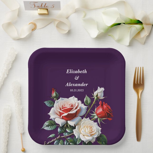Dunkelrosa Hübsche rote Rosen Blumenhochzeit Pappteller (Hochzeit)