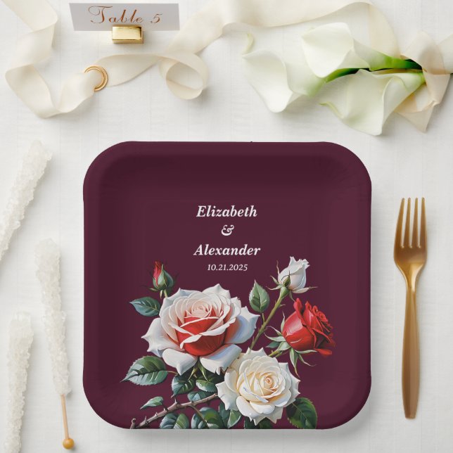 Dunkelrosa Hübsche rote Rosen Blumenhochzeit Pappteller (Hochzeit)