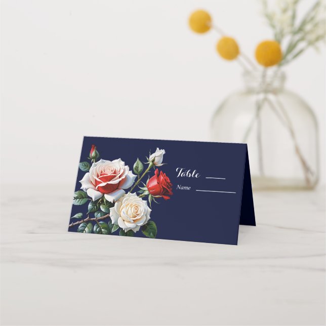 Dunkelrosa Hübsche rote Rosen Blumenhochzeit Platzkarte (Vorderseite)