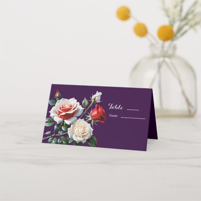 Dunkelrosa Hübsche rote Rosen Blumenhochzeit Platzkarte (Vorderseite)