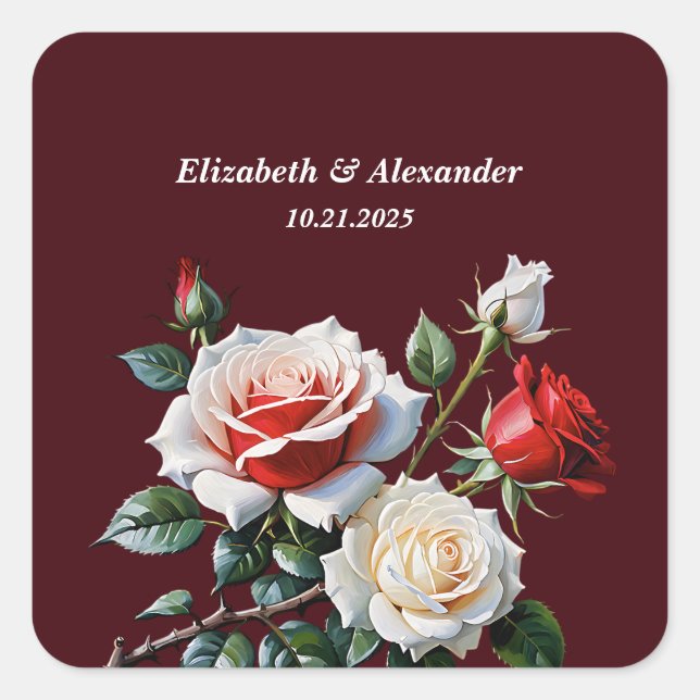 Dunkelrosa Hübsche rote Rosen Blumenhochzeit Quadratischer Aufkleber (Vorderseite)