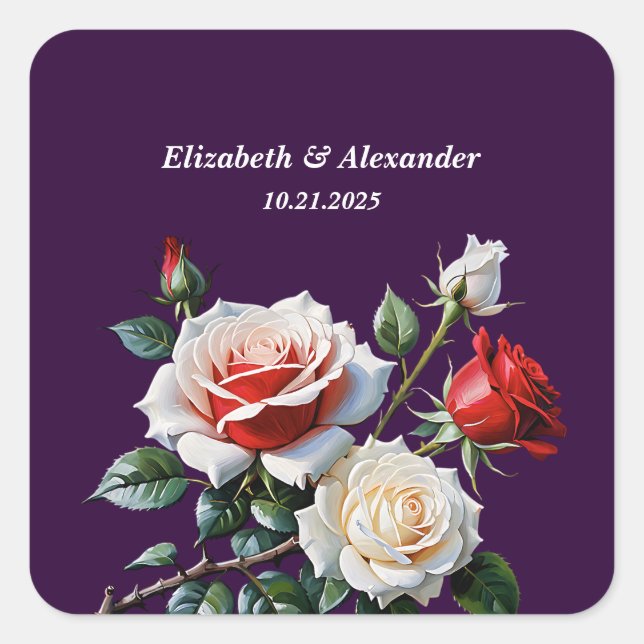Dunkelrosa Hübsche rote Rosen Blumenhochzeit Quadratischer Aufkleber (Vorderseite)