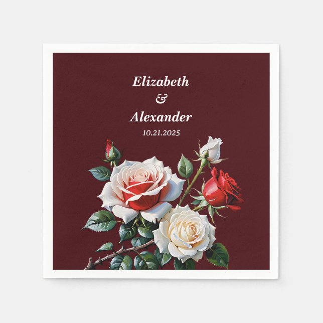 Dunkelrosa Hübsche rote Rosen Blumenhochzeit Serviette (Vorderseite)