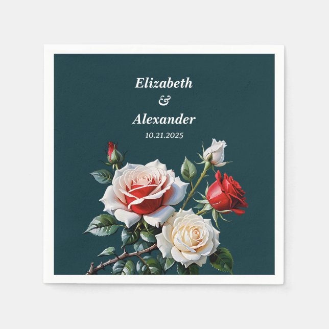Dunkelrosa Hübsche rote Rosen Blumenhochzeit Serviette (Vorderseite)