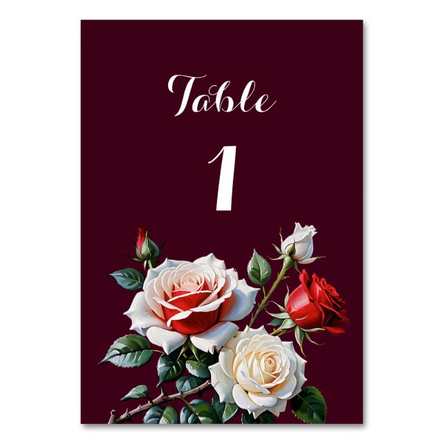 Dunkelrosa Hübsche rote Rosen Blumenhochzeit Tischnummer (Vorderseite)