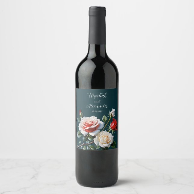 Dunkelrosa Hübsche rote Rosen Blumenhochzeit Weinetikett (Vorderseite)