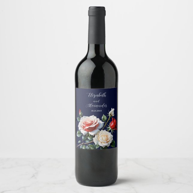 Dunkelrosa Hübsche rote Rosen Blumenhochzeit Weinetikett (Vorderseite)