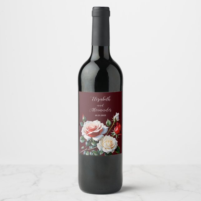 Dunkelrosa Hübsche rote Rosen Blumenhochzeit Weinetikett (Vorderseite)