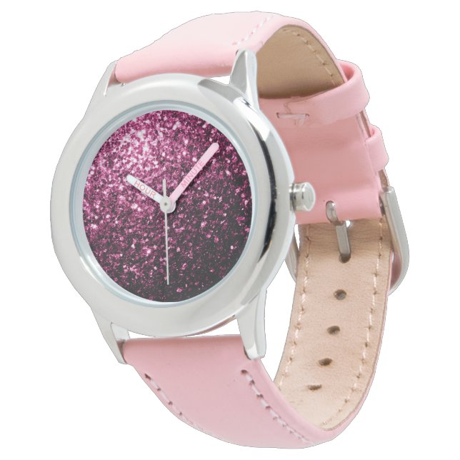 Dunkelrosa Imitate glänzen Glitzer Glitzern Armbanduhr (Schrägansicht)