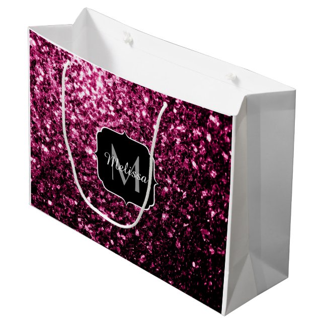 Dunkelrosa Imitate glänzen Glitzer Glitzern Monogr Große Geschenktüte (Vorderseite Schrägansicht)