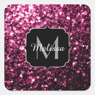 Dunkelrosa Imitate glänzen Glitzer Glitzern Monogr Quadratischer Aufkleber
