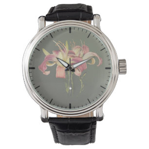 Dunkelrosa Lilien mit gelben Zentren Armbanduhr