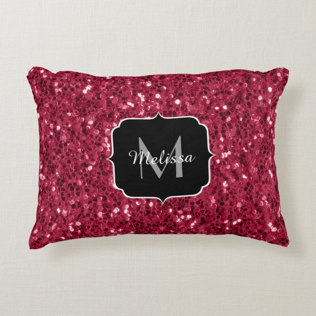 Dunkelrosa Magenta-Imitate Glitzern Monogramm Dekokissen (Vorderseite)