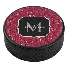 Dunkelrosa Magenta-Imitate Glitzern Monogramm Eishockey Puck