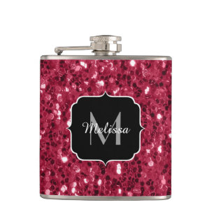 Dunkelrosa Magenta-Imitate Glitzern Monogramm Flachmann