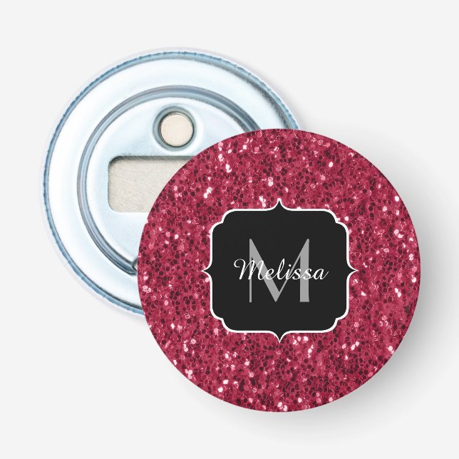 Dunkelrosa Magenta-Imitate Glitzern Monogramm Flaschenöffner (Vorderseite)