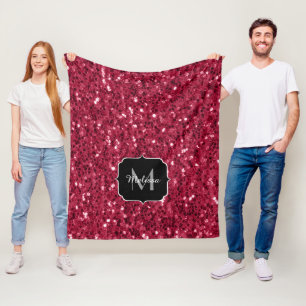 Dunkelrosa Magenta-Imitate Glitzern Monogramm Fleecedecke