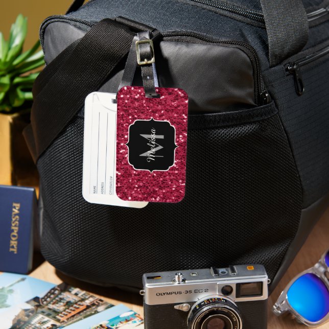 Dunkelrosa Magenta-Imitate Glitzern Monogramm Gepäckanhänger (Vorderseite & Rückseite)