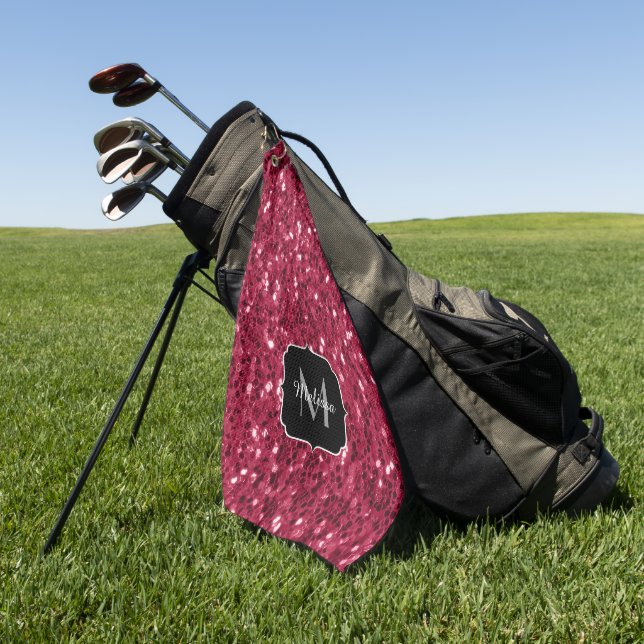 Dunkelrosa Magenta-Imitate Glitzern Monogramm Golfhandtuch (Gras)