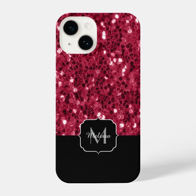 Dunkelrosa Magenta-Imitate Glitzern Monogramm iPhone 14 Hülle (Rückseite)