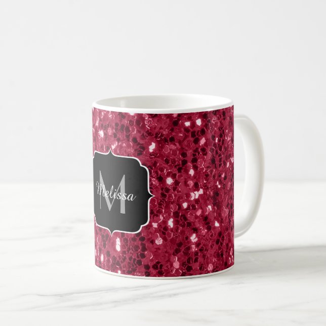 Dunkelrosa Magenta-Imitate Glitzern Monogramm Kaffeetasse (VorderseiteRechts)