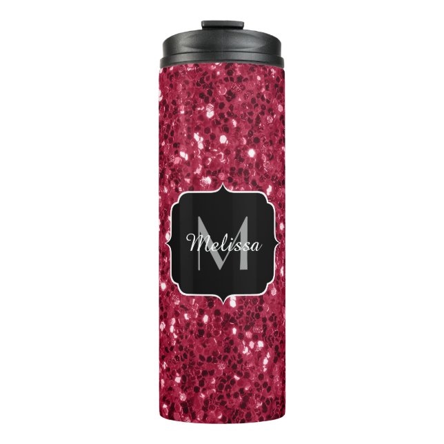 Dunkelrosa Magenta-Imitate Glitzern Monogramm Thermosbecher (Vorderseite)