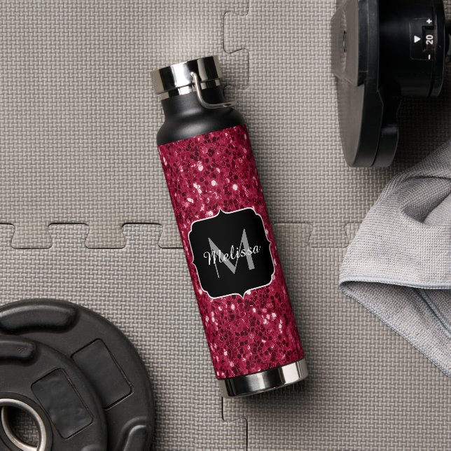 Dunkelrosa Magenta-Imitate Glitzern Monogramm Trinkflasche (Fitnessstudio)