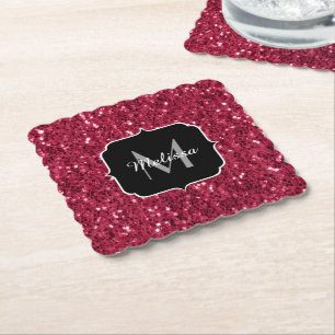 Dunkelrosa Magenta-Imitate Glitzern Monogramm Untersetzer