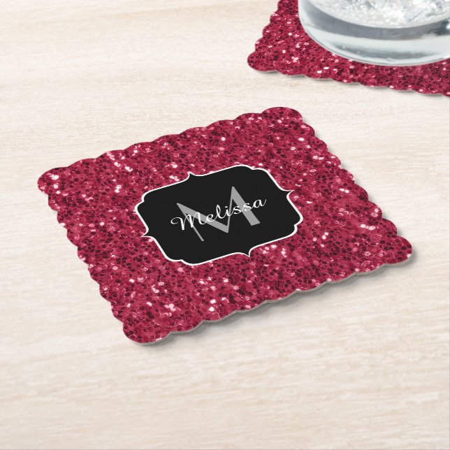 Dunkelrosa Magenta-Imitate Glitzern Monogramm Untersetzer (angewinkelt)