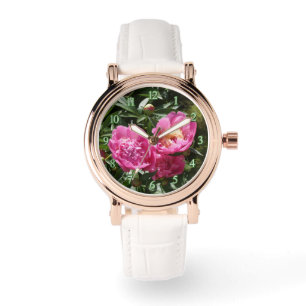 Dunkelrosa Pfingstrosen Armbanduhr