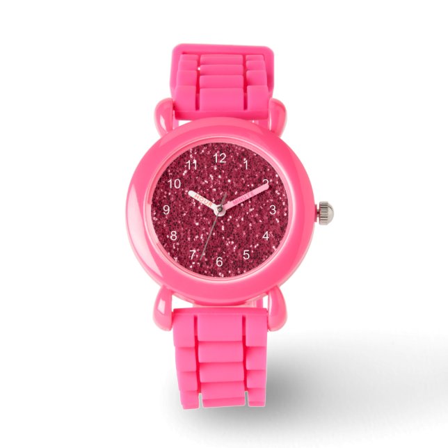 Dunkelrosa rote Magenta-Imitate Glitzern mit Zahle Armbanduhr (Vorderseite)