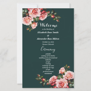 Dunkelrosa rote Rosen Grünes Hochzeitsprogramm